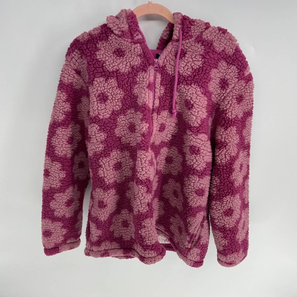 Pacsun pink fuschia floral daisy pattern teddy full zip hooded coat womens large - Picture 3 of 5